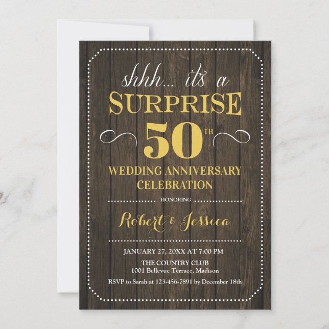 Surprise 50th Wedding Anniversary - Wood Gold Invitation (Front)