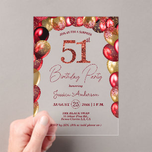 Surprise 51st Birthday Party Gold Burgundy Glitter Acrylic Invitations