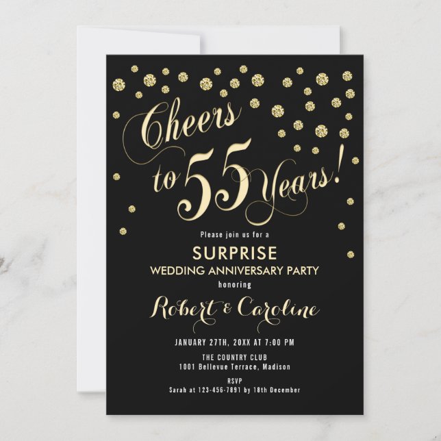 Surprise 55th Wedding Anniversary - Black & Gold Invitation (Front)