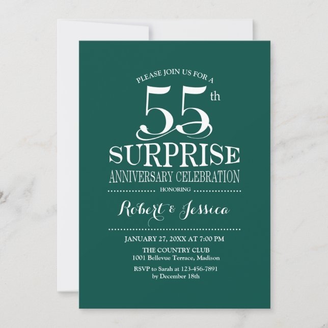 Surprise 55th Wedding Anniversary - Green White Invitation (Front)