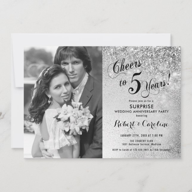 Surprise 5th Anniversary with Photo - Silver White Invitation (Front)