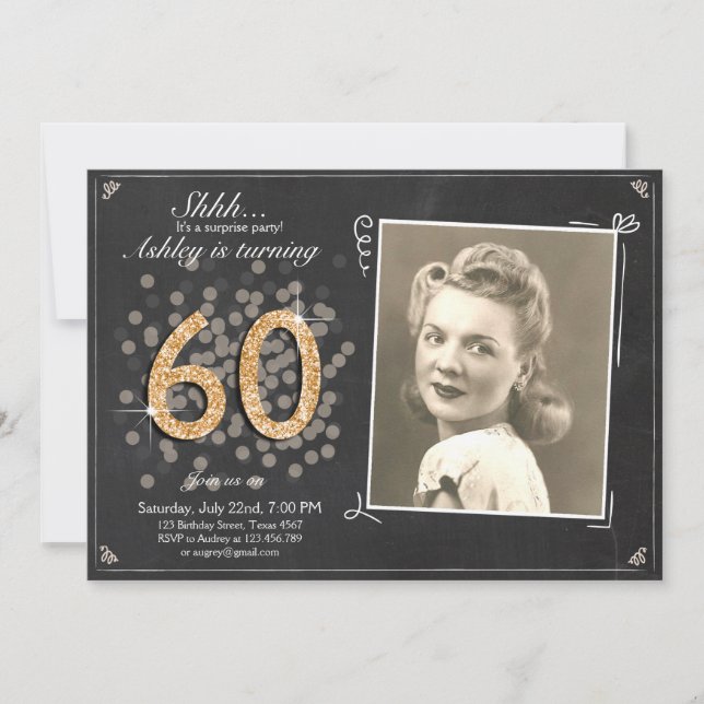 Surprise 60 birthday invitation Chalkboard Rustic (Front)