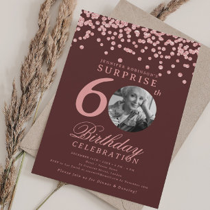 SURPRISE 60 Birthday Rose Gold Confetti Burgundy Invitation