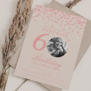 SURPRISE 60 Birthday Rose Gold Confetti Champagne Invitation