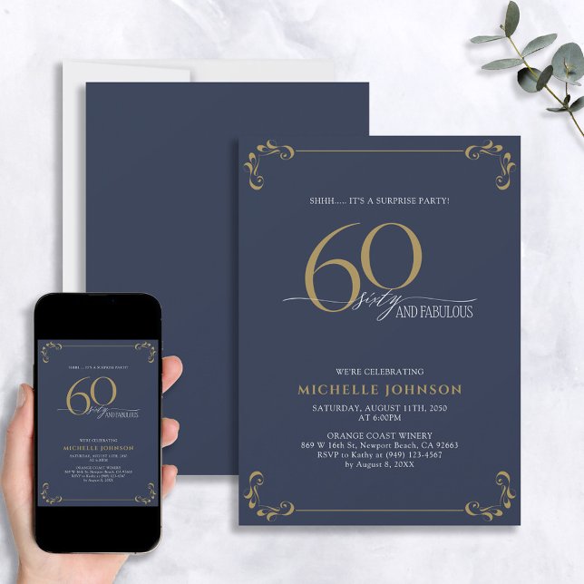 Surprise 60 & Fabulous Blue White & Gold Birthday Invitation (Creator Uploaded)