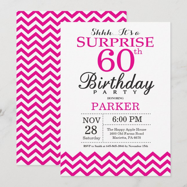 Surprise 60e anniversaire Invitation Hot Pink Chev (Devant / Derrière)