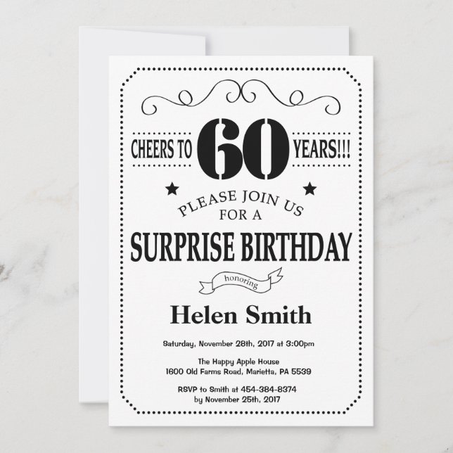 Surprise 60e anniversaire Invitation noir et blanc (Devant)