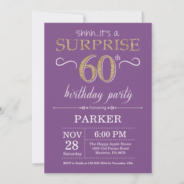 Surprise 60e anniversaire Invitation violet et or (Devant)