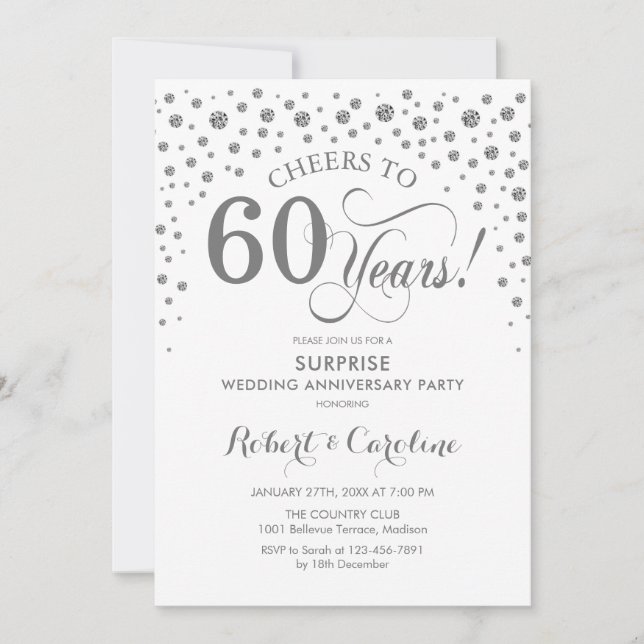 Surprise 60th Anniversary Party - Silver White Invitation (Front)