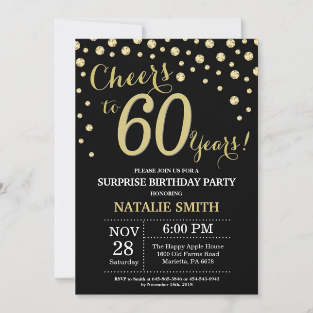 Surprise 60th Birthday Black and Gold Diamond Invitation (Front)