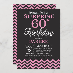 Surprise 60th Birthday Black and Pink Chevron Invitation