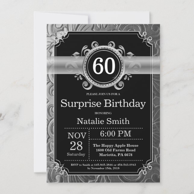Surprise 60th Birthday Black and Silver Glitter Invitation (Front)