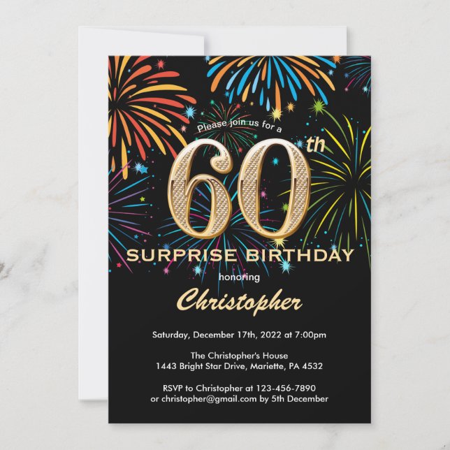 Surprise 60th Birthday Black Gold Rainbow Firework Invitation (Front)