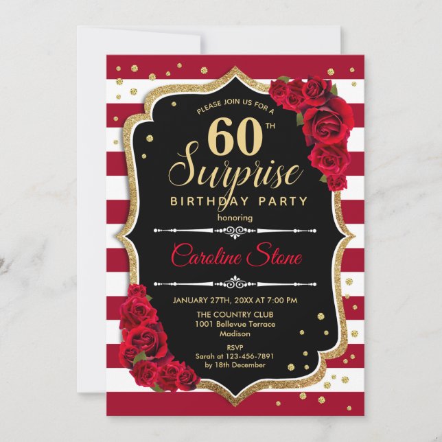 Surprise 60th Birthday - Black White Red Invitation (Front)