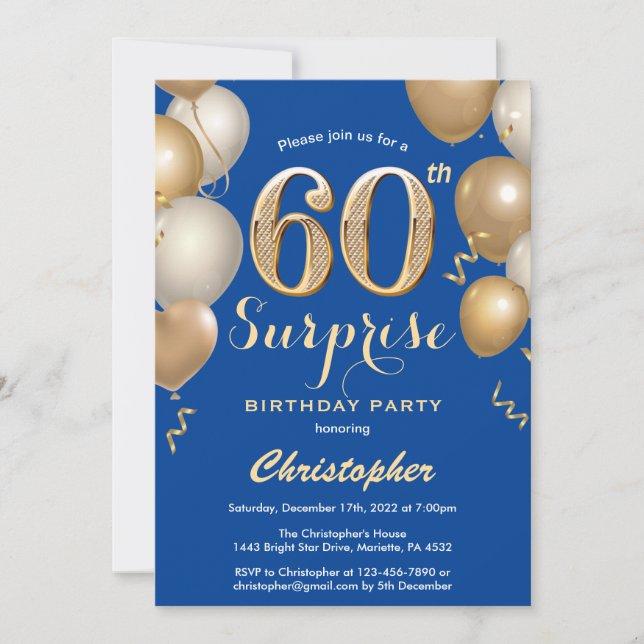Surprise 60th Birthday Blue and Gold Balloons Invitation (Front)