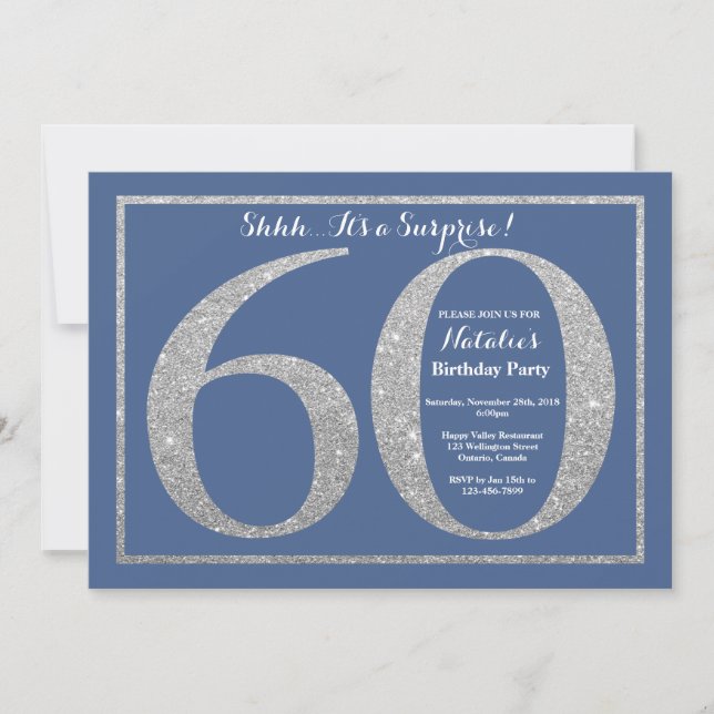 Surprise 60th Birthday Blue and Silver Glitter Invitation (Front)