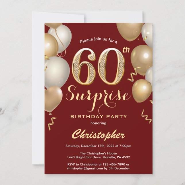 Surprise 60th Birthday Dark Red and Gold Balloons Invitation (Front)