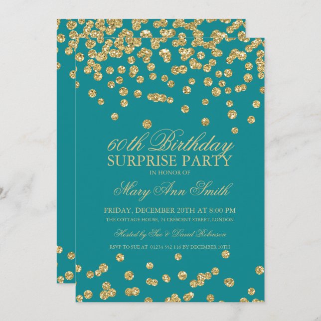 Surprise 60th Birthday Gold Glitter Confetti Teal Invitation (Front/Back)