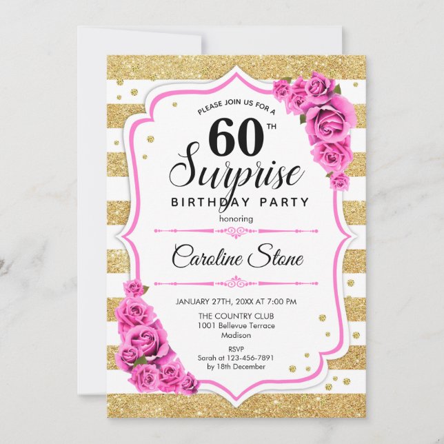 Surprise 60th Birthday - Gold White Pink Invitation (Front)