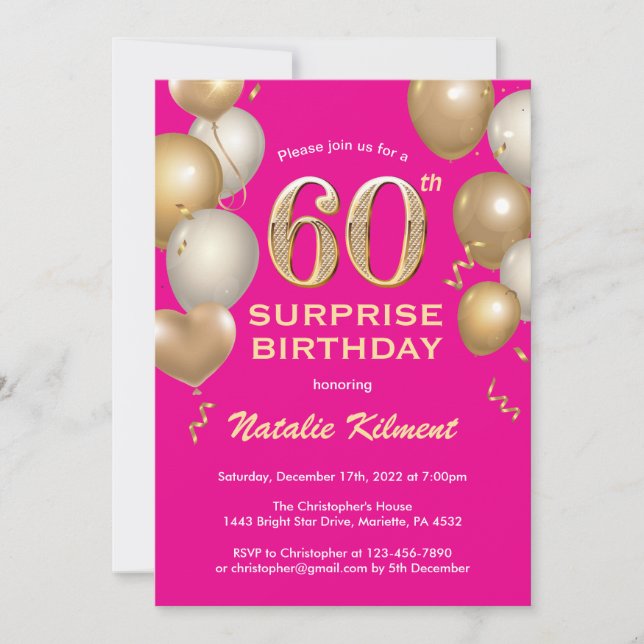 Surprise 60th Birthday Hot Pink and Gold Balloons Invitation (Front)