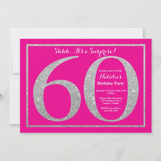 Surprise 60th Birthday Hot Pink and Silver Glitter Invitation (Front)