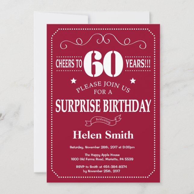 Surprise 60th Birthday Invitation Burgundy Red (Front)