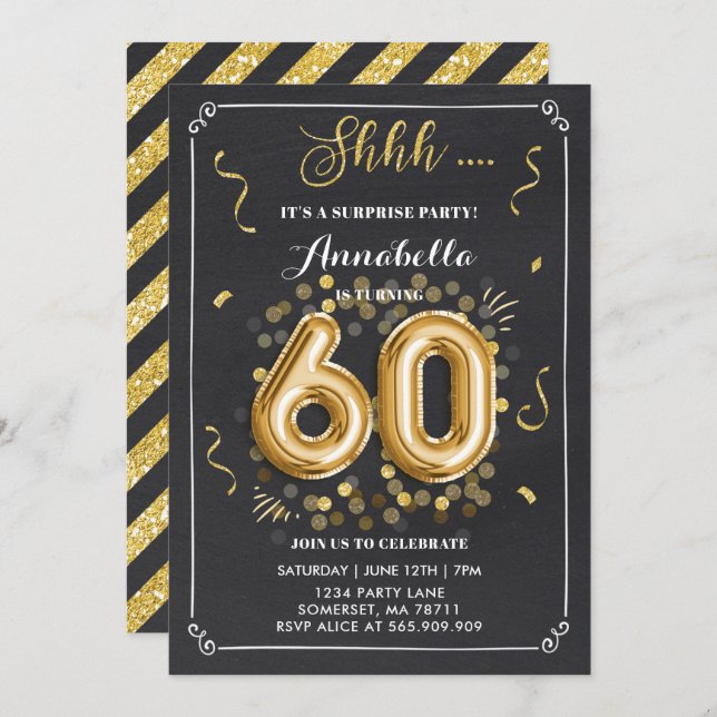 Surprise 60th Birthday Invitation Gold Chalkboard (Front/Back)