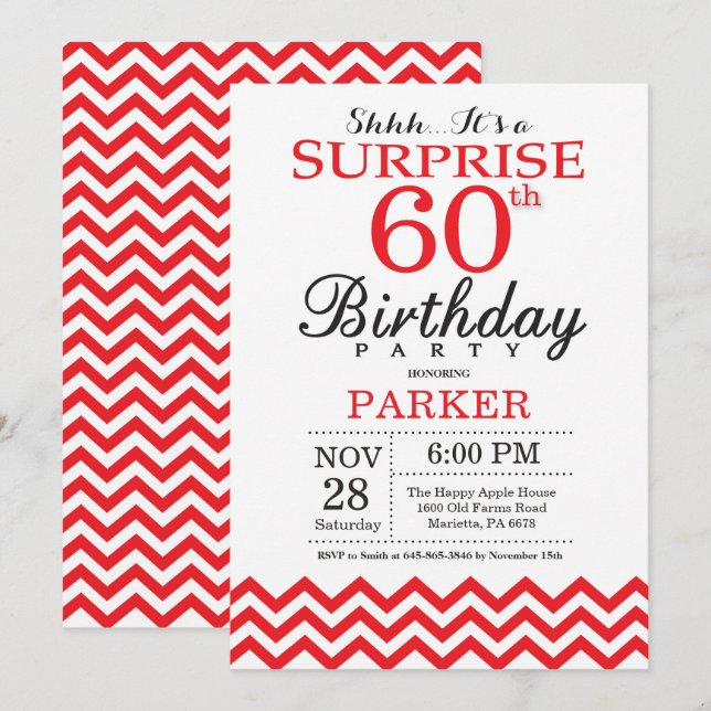 Surprise 60th Birthday Invitation Red Chevron (Front/Back)