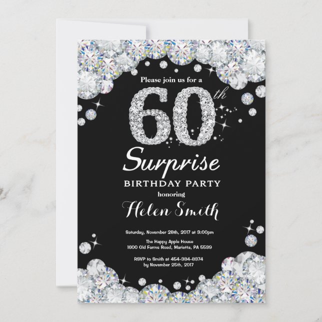 Surprise 60th Birthday Invitation Silver Diamond (Front)