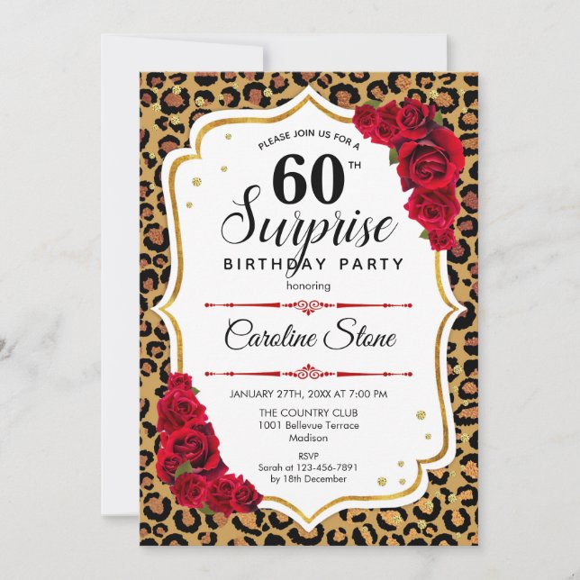 Surprise 60th Birthday - Leopard Gold White Red Invitation (Front)
