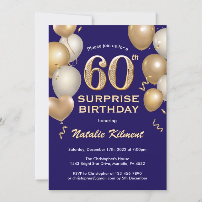 Surprise 60th Birthday Navy Blue and Gold Balloons Invitation (Front)
