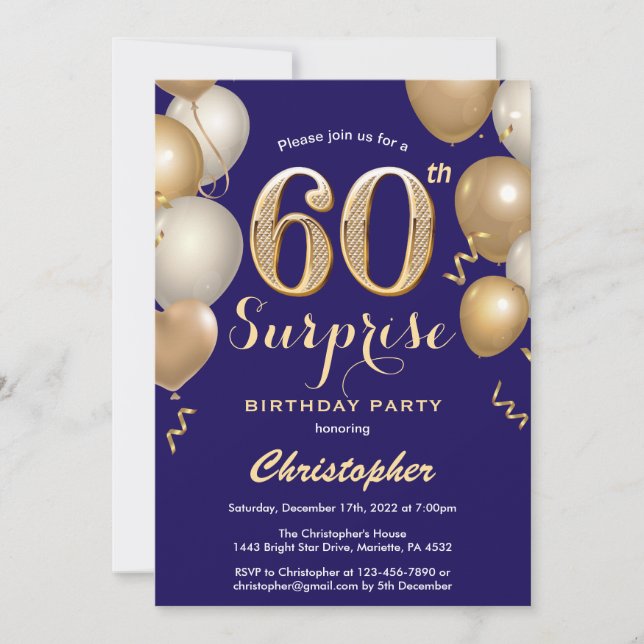 Surprise 60th Birthday Navy Blue and Gold Balloons Invitation (Front)