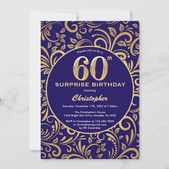 Surprise 60th Birthday Navy Blue and Gold Floral Invitation (Front)