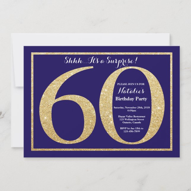 Surprise 60th Birthday Navy Blue and Gold Glitter Invitation (Front)