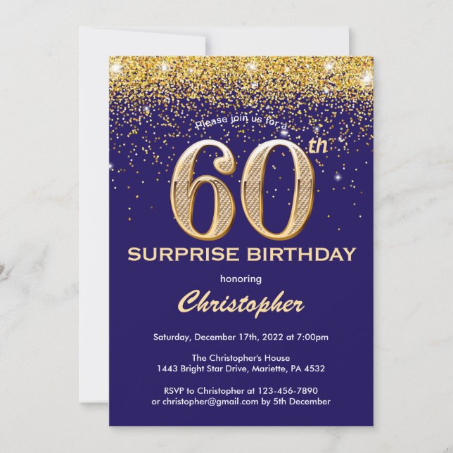 Surprise 60th Birthday Navy Blue and Gold Glitter Invitation (Front)