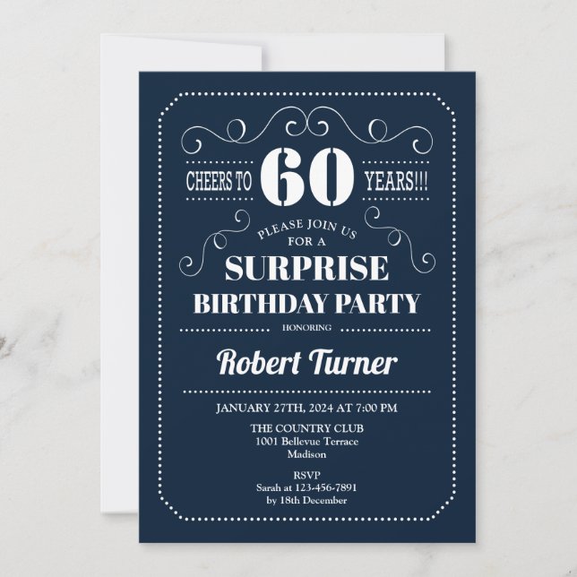 Surprise 60th Birthday - Navy Blue Invitation (Front)