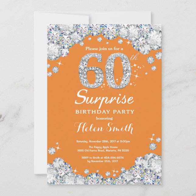 Surprise 60th Birthday Orange and Silver Diamond Invitation (Front)