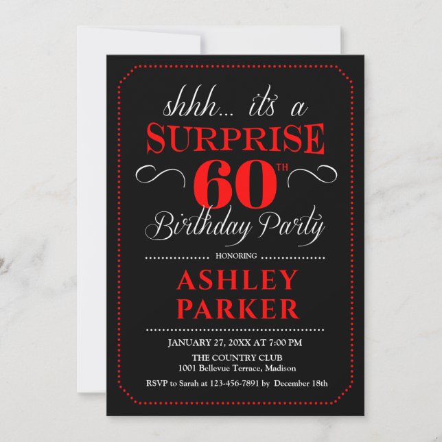 Surprise 60th Birthday Party - Black Red White Invitation (Front)