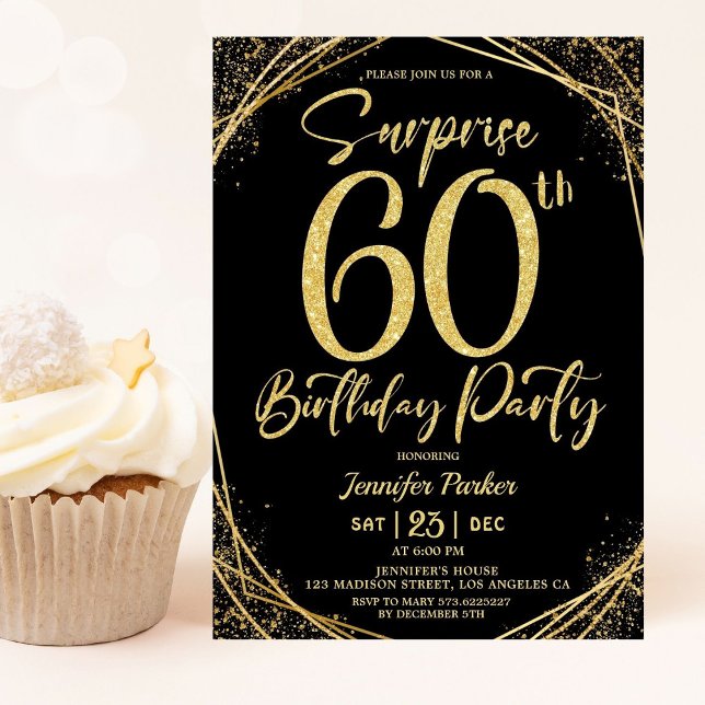 Surprise 60th Birthday Party Chic Black & Gold  Invitation (Creator Uploaded)
