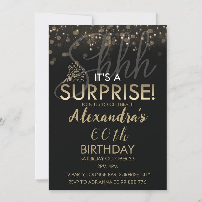 Surprise 60th Birthday Party for Women, Black Invitation (Front)