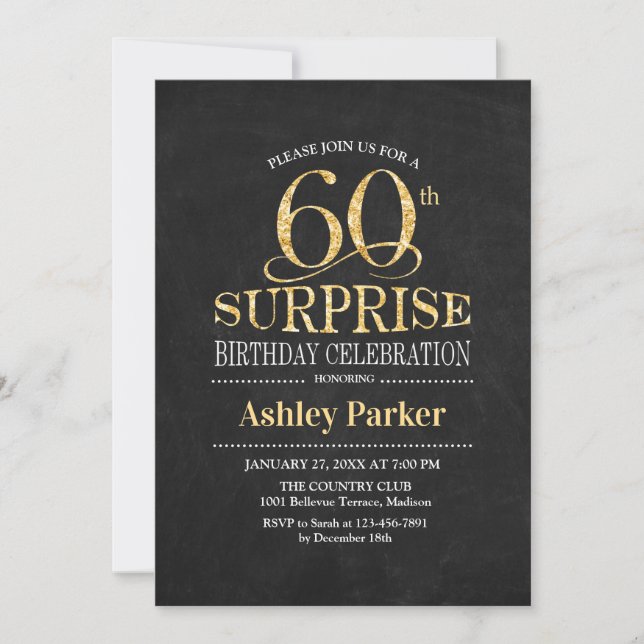 Surprise 60th Birthday Party - Gold Black Invitation (Front)