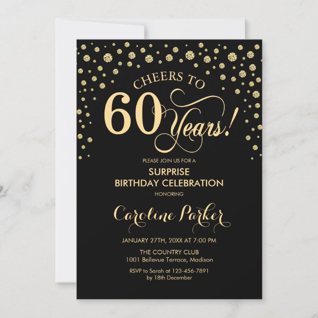 Surprise 60th Birthday Party Gold Black Invitation (Front)