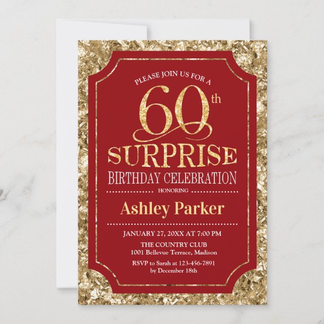 Surprise 60th Birthday Party - Gold Red Invitation (Front)