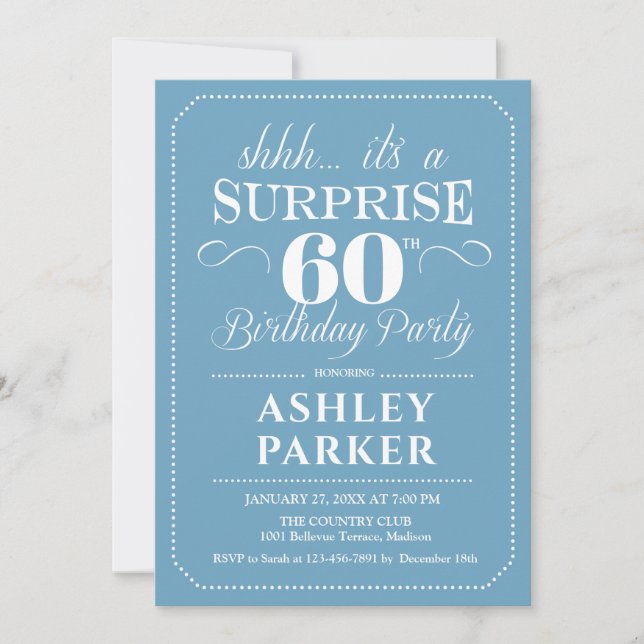 Surprise 60th Birthday Party - Light Blue White Invitation (Front)