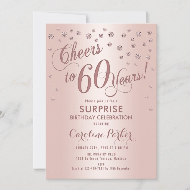 Surprise 60th Birthday Party - Rose Gold Invitation (Front)