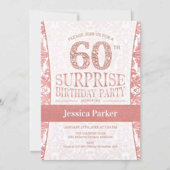 Surprise 60th Birthday Party - Rose Gold White Invitation (Front)