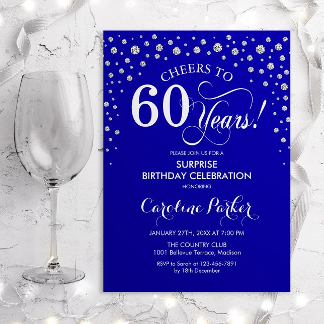 Surprise 60th Birthday Party - Royal Blue Silver Invitation (Creator Uploaded)