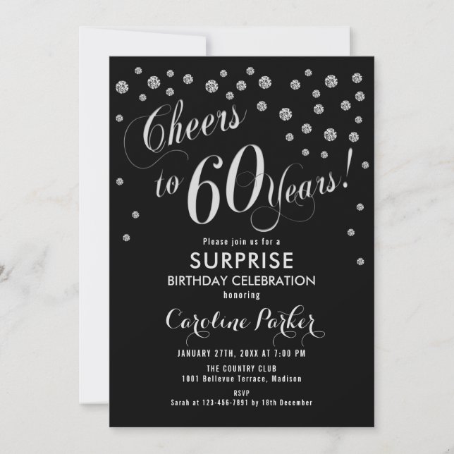 Surprise 60th Birthday Party - Silver Black Invitation (Front)