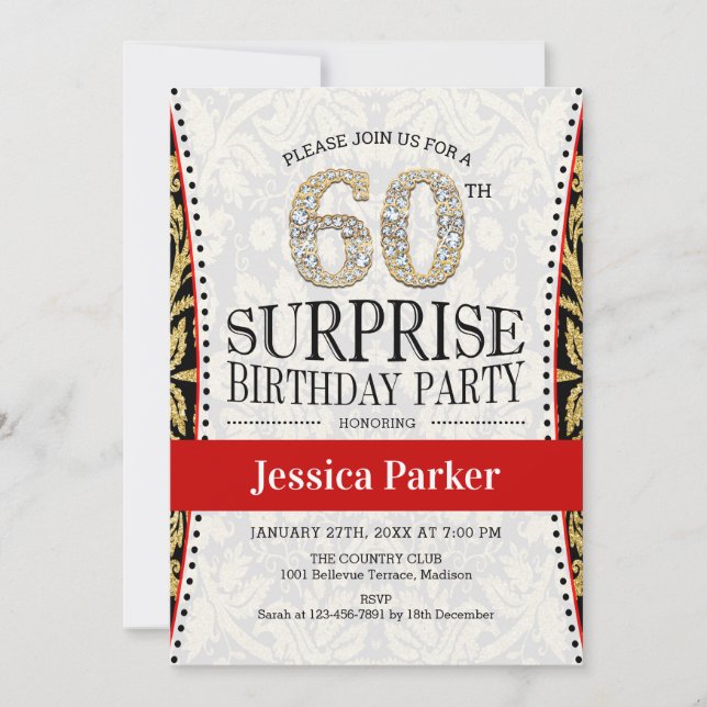 Surprise 60th Birthday Party - White Gold Red Invitation (Front)