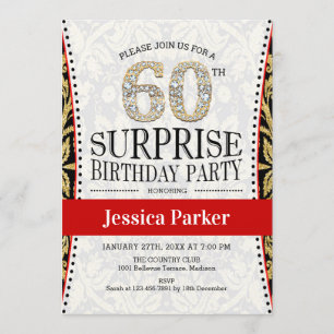 Surprise 60th Birthday Party - White Gold Red Invitation